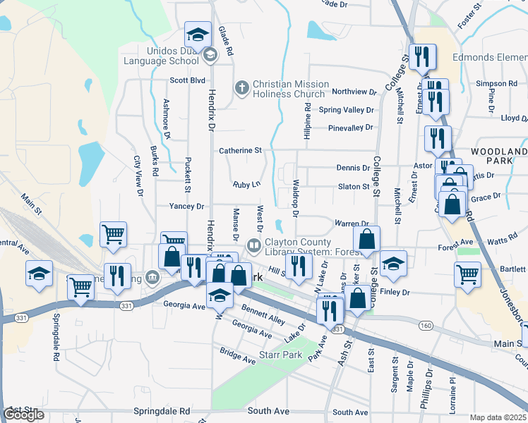 map of restaurants, bars, coffee shops, grocery stores, and more near 4742 West Drive in Forest Park