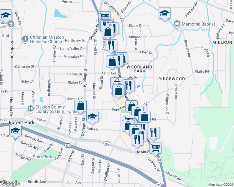 map of restaurants, bars, coffee shops, grocery stores, and more near 4687 Jonesboro Rd in Forest Park