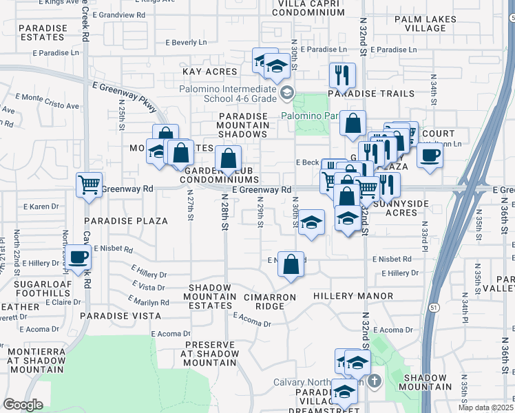 map of restaurants, bars, coffee shops, grocery stores, and more near 2848 East Michael Drive in Phoenix