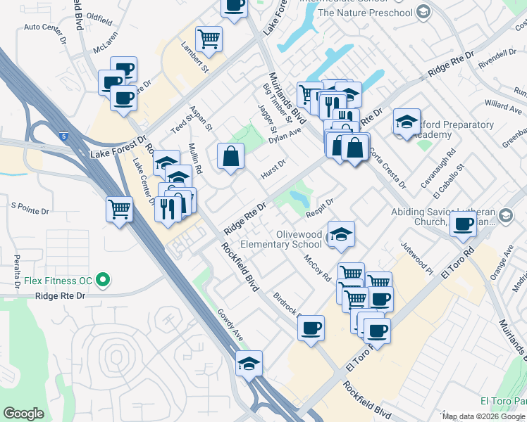 map of restaurants, bars, coffee shops, grocery stores, and more near 24085 Grayston Drive in Lake Forest