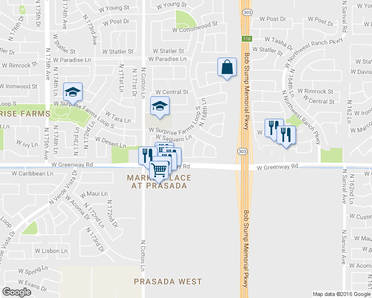 map of restaurants, bars, coffee shops, grocery stores, and more near 15421 North 169th Lane in Surprise