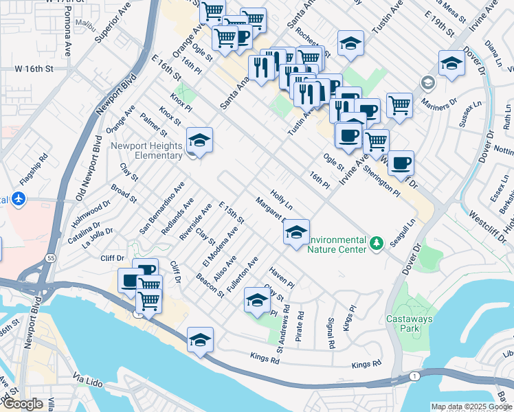 map of restaurants, bars, coffee shops, grocery stores, and more near 2427 Margaret Drive in Newport Beach