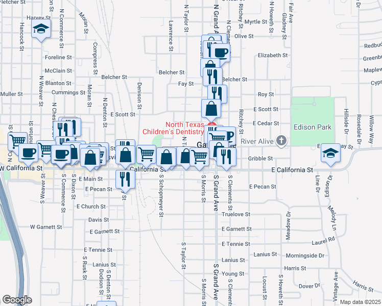 map of restaurants, bars, coffee shops, grocery stores, and more near 1000 East Broadway Street in Gainesville