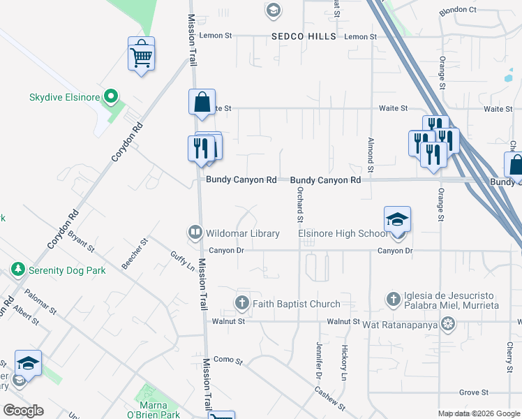 map of restaurants, bars, coffee shops, grocery stores, and more near 34098 Dorof Court in Wildomar