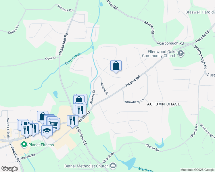 map of restaurants, bars, coffee shops, grocery stores, and more near 11 Juliana Ct in Ellenwood