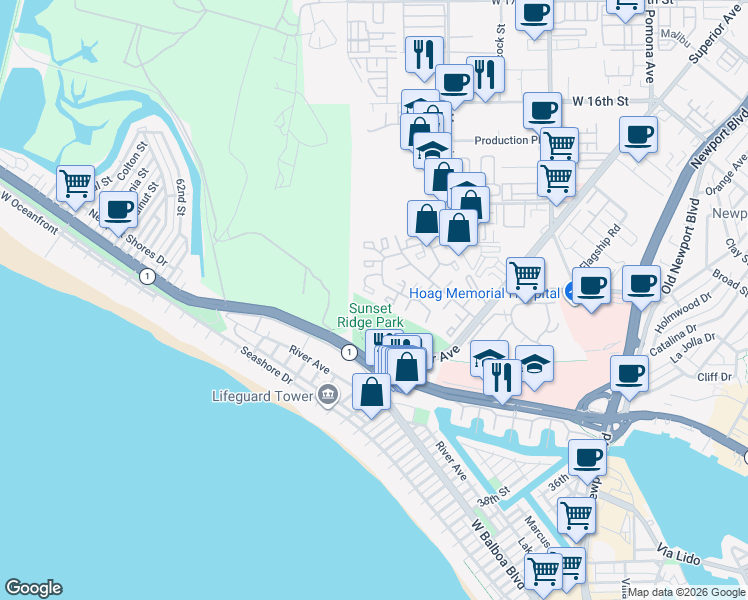 map of restaurants, bars, coffee shops, grocery stores, and more near 17 Land Fall Court in Newport Beach