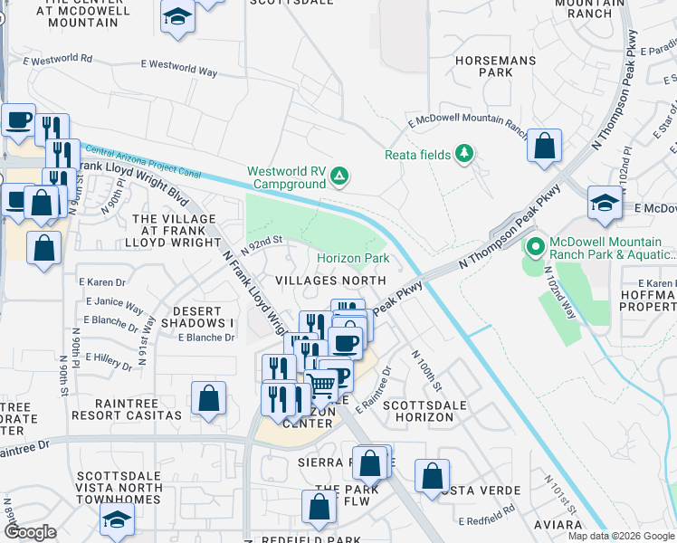 map of restaurants, bars, coffee shops, grocery stores, and more near North Apartment in Scottsdale