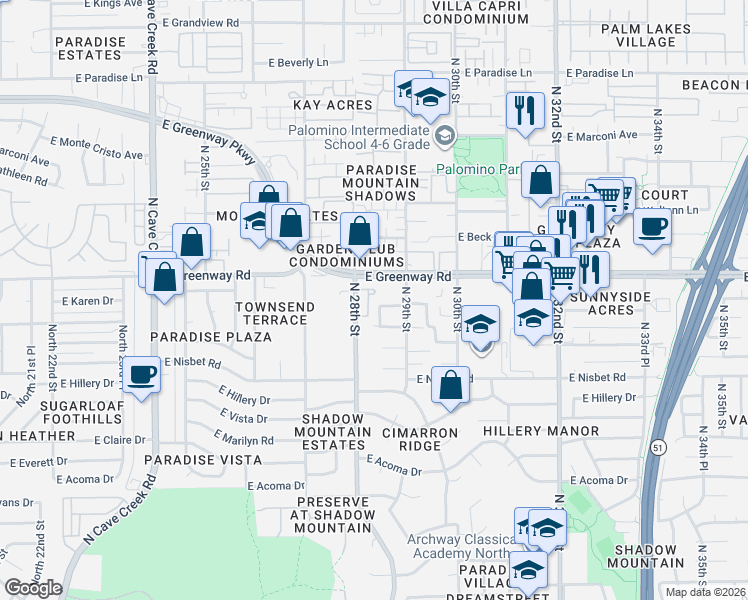 map of restaurants, bars, coffee shops, grocery stores, and more near in Phoenix