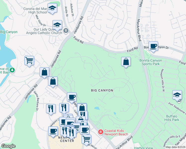 map of restaurants, bars, coffee shops, grocery stores, and more near 23 Burning Tree Road in Newport Beach