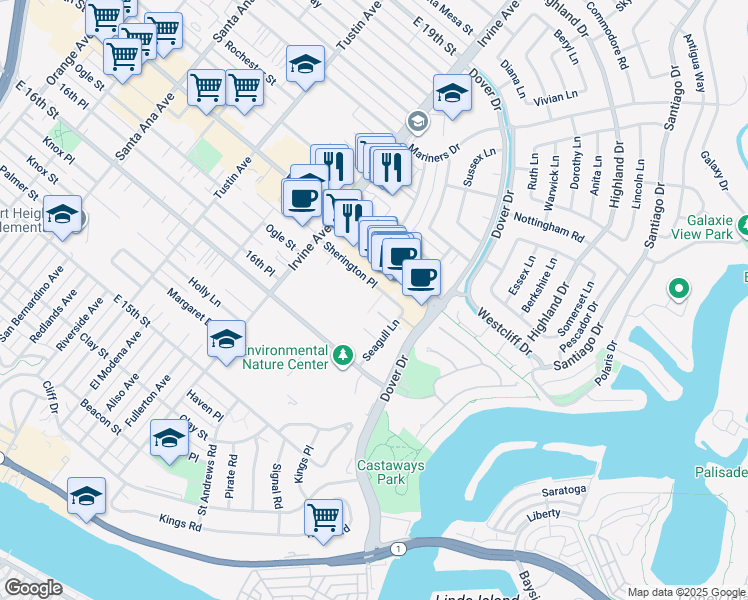 map of restaurants, bars, coffee shops, grocery stores, and more near 1875 Sherington Place in Newport Beach