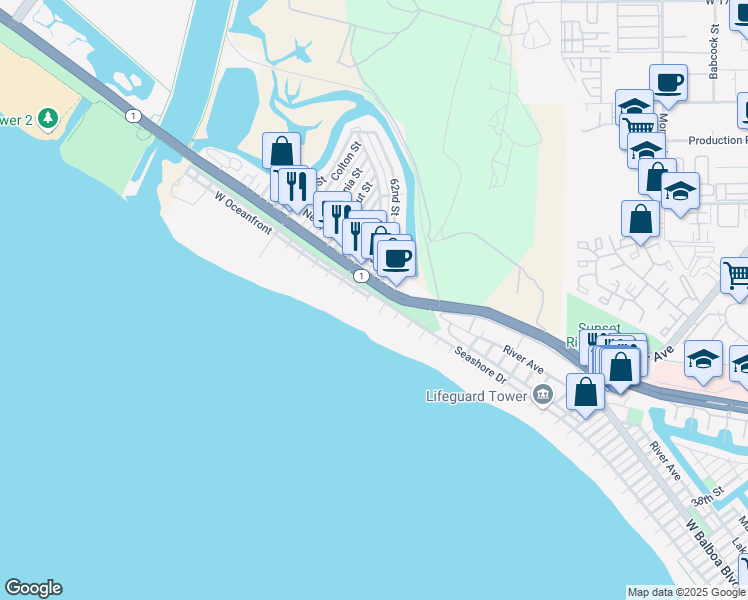 map of restaurants, bars, coffee shops, grocery stores, and more near 600 60th Street in Newport Beach