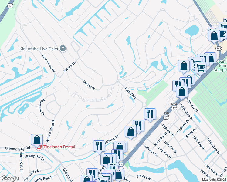 map of restaurants, bars, coffee shops, grocery stores, and more near 203 Plantation Drive in Myrtle Beach