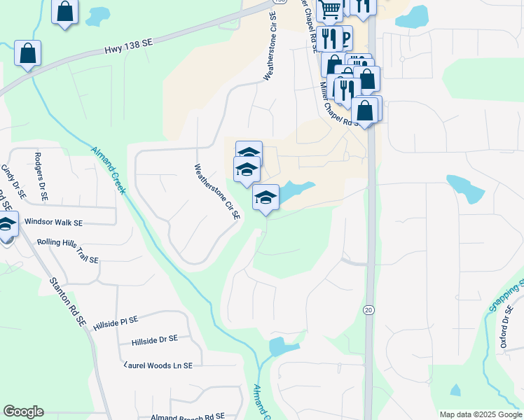 map of restaurants, bars, coffee shops, grocery stores, and more near 2448 Lennox Road Southeast in Conyers
