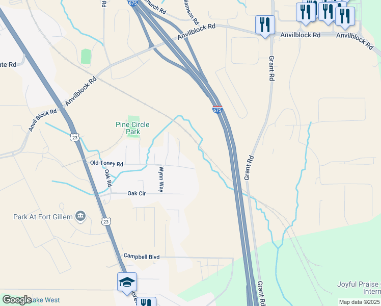 map of restaurants, bars, coffee shops, grocery stores, and more near 2676 Old Toney Road in Ellenwood
