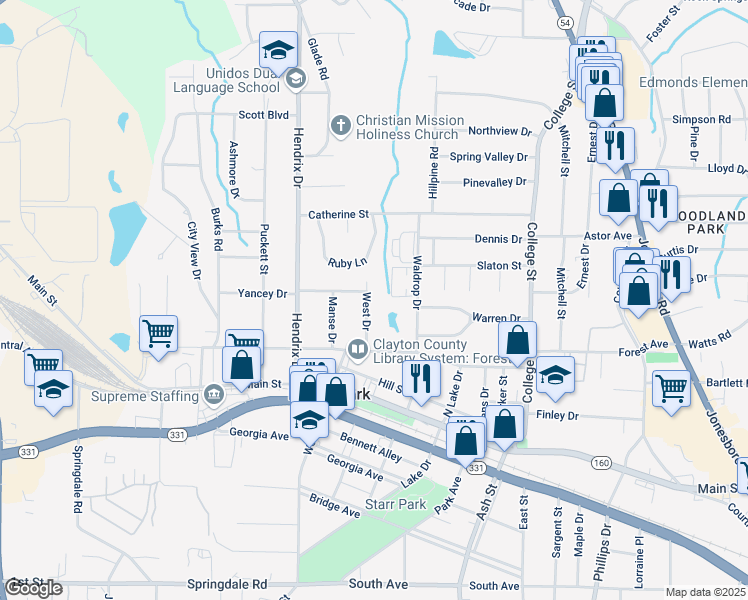 map of restaurants, bars, coffee shops, grocery stores, and more near 4742 West Drive in Forest Park