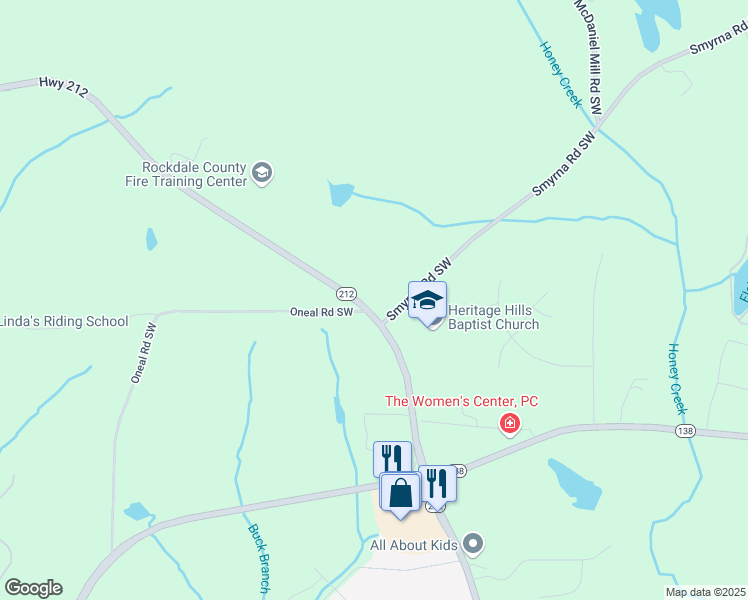 map of restaurants, bars, coffee shops, grocery stores, and more near 2997 Highway 212 in Conyers