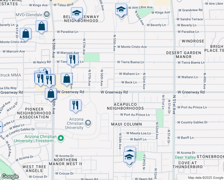 map of restaurants, bars, coffee shops, grocery stores, and more near 15404 North 55th Avenue in Glendale