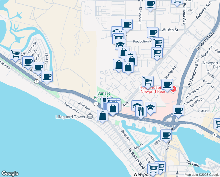 map of restaurants, bars, coffee shops, grocery stores, and more near 12 Land Fall Court in Newport Beach