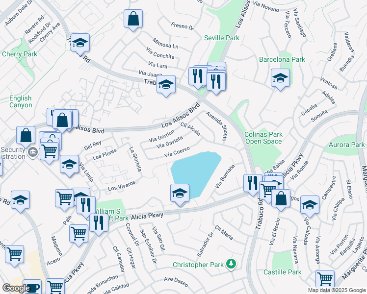 map of restaurants, bars, coffee shops, grocery stores, and more near 26561 Vía Cuervo in Mission Viejo