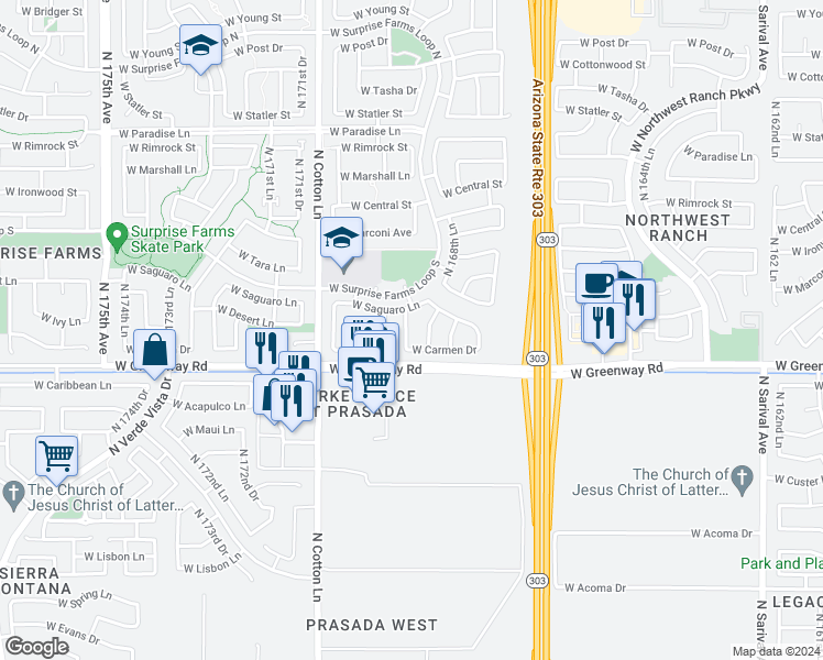 map of restaurants, bars, coffee shops, grocery stores, and more near 15421 North 169th Lane in Surprise