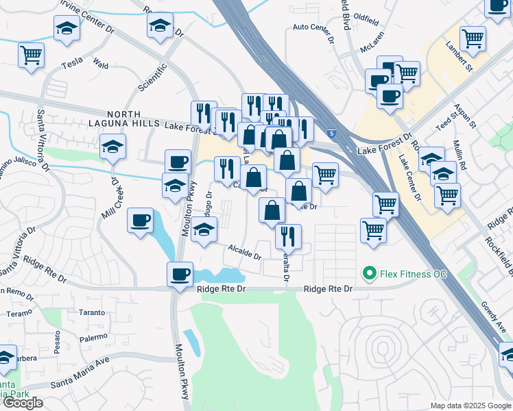 map of restaurants, bars, coffee shops, grocery stores, and more near 23190 Del Lago Drive in Laguna Hills