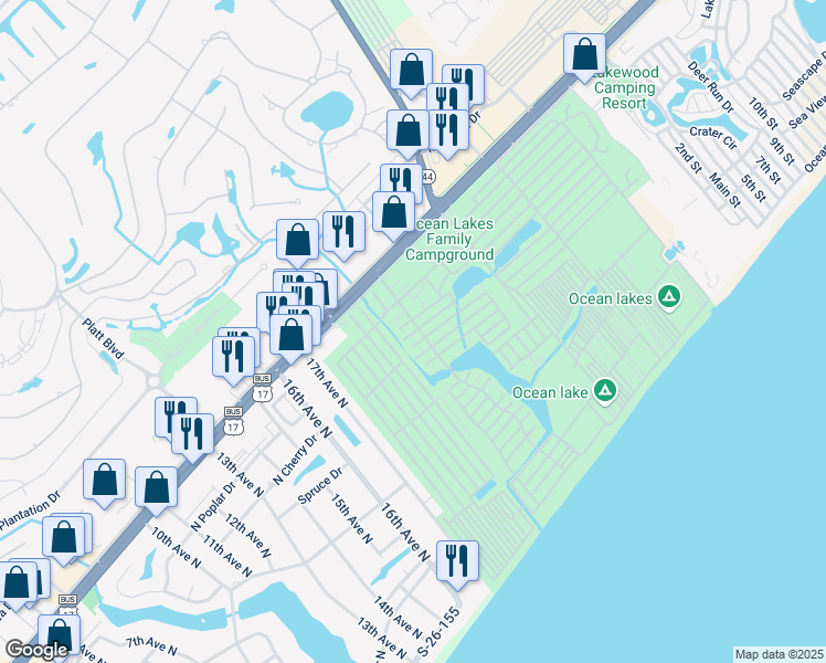 map of restaurants, bars, coffee shops, grocery stores, and more near 199-B Campground Road in Myrtle Beach