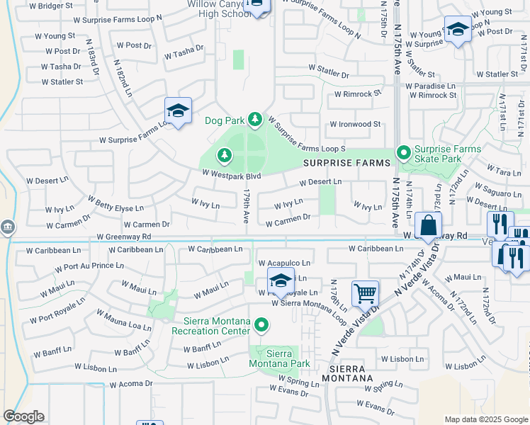map of restaurants, bars, coffee shops, grocery stores, and more near 17863 West Ivy Lane in Surprise