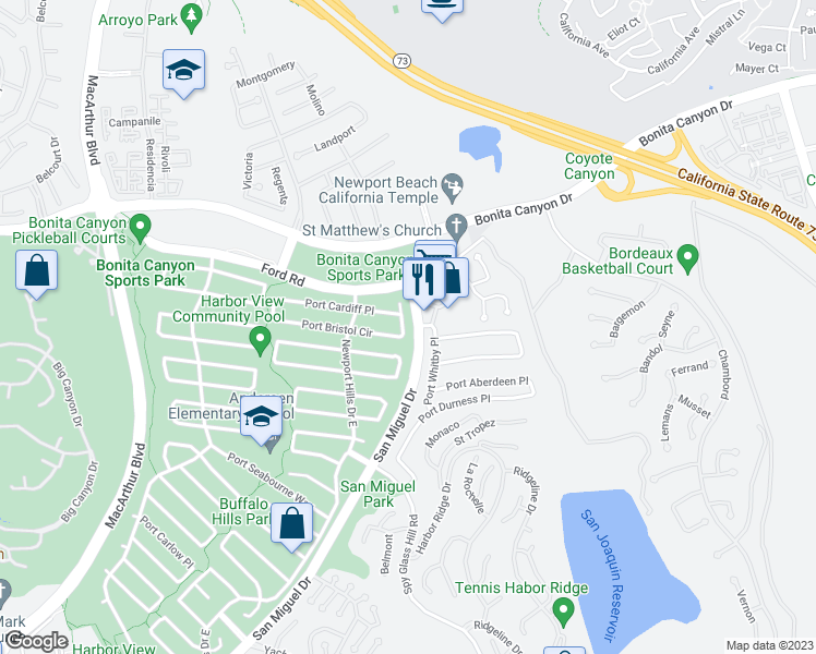 map of restaurants, bars, coffee shops, grocery stores, and more near 2057 Port Bristol Circle in Newport Beach