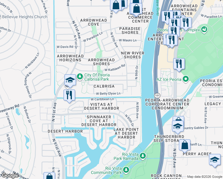 map of restaurants, bars, coffee shops, grocery stores, and more near 8760 West Betty Elyse Lane in Peoria