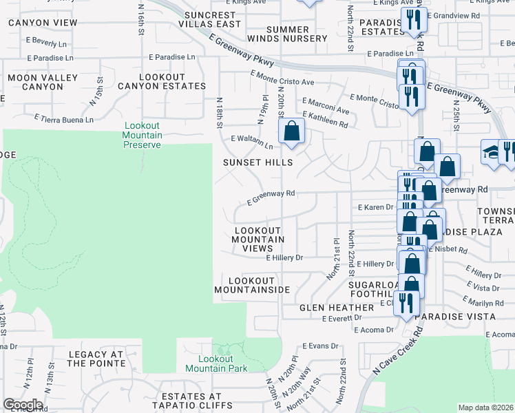 map of restaurants, bars, coffee shops, grocery stores, and more near 1955 East Greenway Road in Phoenix