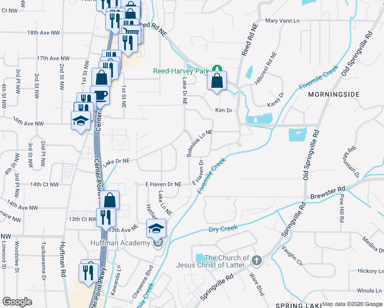 map of restaurants, bars, coffee shops, grocery stores, and more near 300 Argonne Drive Northeast in Center Point