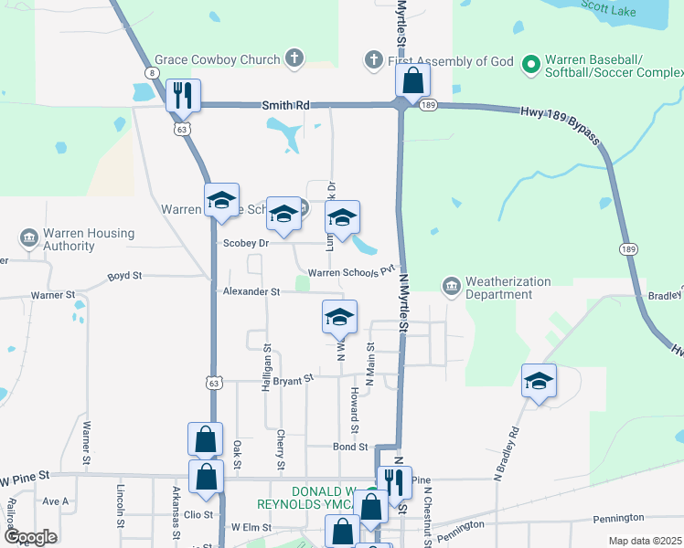 map of restaurants, bars, coffee shops, grocery stores, and more near 803 North Walnut Street in Warren