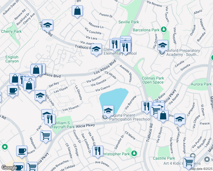 map of restaurants, bars, coffee shops, grocery stores, and more near 26561 Vía Cuervo in Mission Viejo