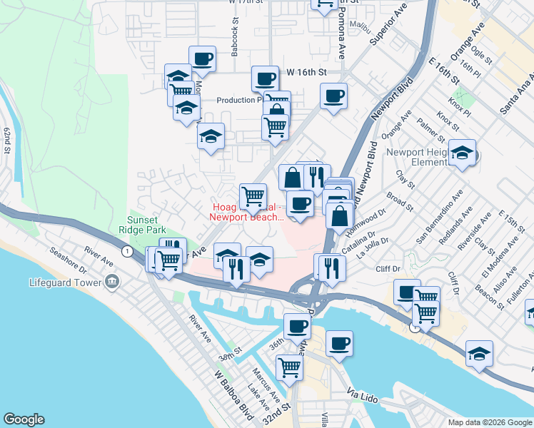 map of restaurants, bars, coffee shops, grocery stores, and more near 200 McNeil Lane in Newport Beach