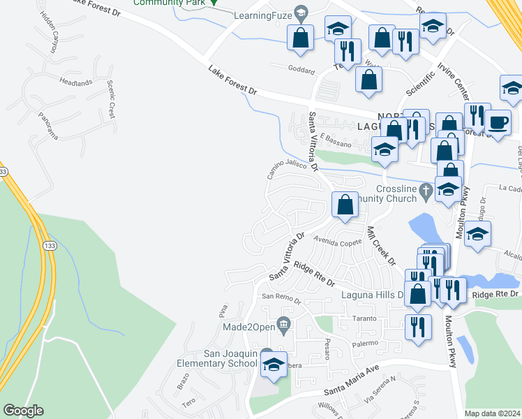 map of restaurants, bars, coffee shops, grocery stores, and more near 23151 Alcalde Drive in Laguna Hills