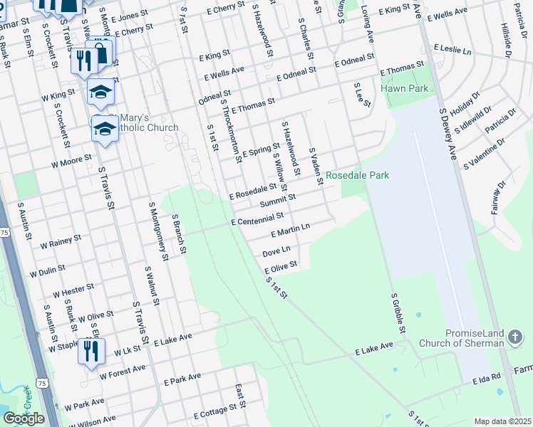 map of restaurants, bars, coffee shops, grocery stores, and more near 709 East Centennial Street in Sherman