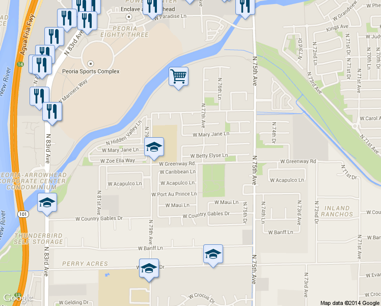 map of restaurants, bars, coffee shops, grocery stores, and more near 7736 West Betty Elyse Lane in Peoria