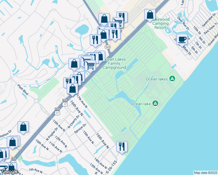 map of restaurants, bars, coffee shops, grocery stores, and more near 199-B Campground Road in Myrtle Beach