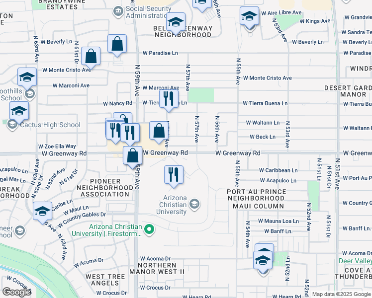 map of restaurants, bars, coffee shops, grocery stores, and more near 5731 West Zoe Ella Way in Glendale