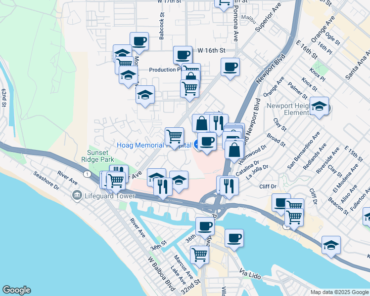 map of restaurants, bars, coffee shops, grocery stores, and more near 200 McNeil Lane in Newport Beach