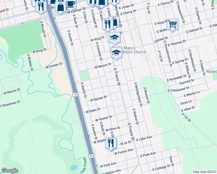 map of restaurants, bars, coffee shops, grocery stores, and more near 198 Mockingbird Lane in Sherman