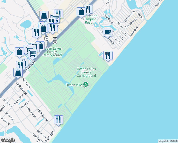 map of restaurants, bars, coffee shops, grocery stores, and more near L-23 North Sand Dune Drive in Horry County