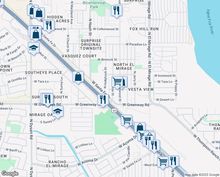 map of restaurants, bars, coffee shops, grocery stores, and more near 14318 West Ocotillo Street in Surprise