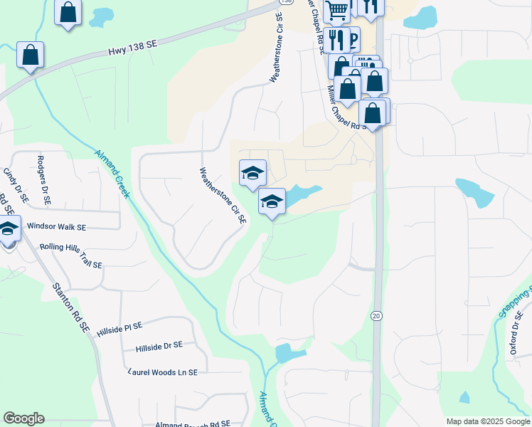 map of restaurants, bars, coffee shops, grocery stores, and more near 2472 Lennox Road Southeast in Conyers