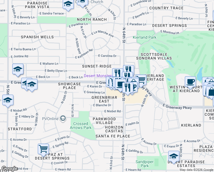 map of restaurants, bars, coffee shops, grocery stores, and more near 15233 North 62nd Place in Scottsdale
