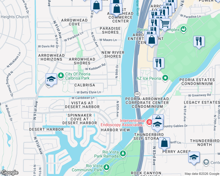 map of restaurants, bars, coffee shops, grocery stores, and more near 15441 North 86th Lane in Peoria
