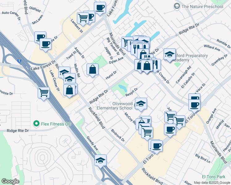 map of restaurants, bars, coffee shops, grocery stores, and more near 23211 Meadowbrook Circle in Lake Forest