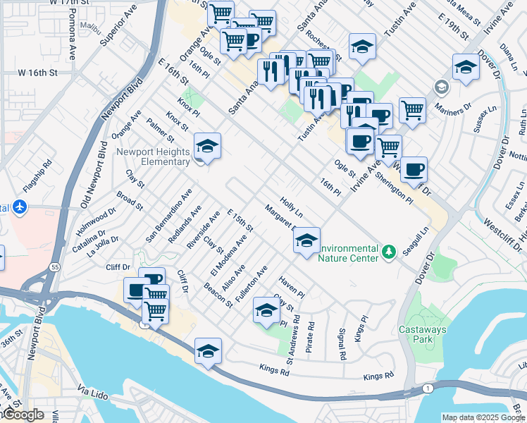 map of restaurants, bars, coffee shops, grocery stores, and more near 2501 Margaret Drive in Newport Beach