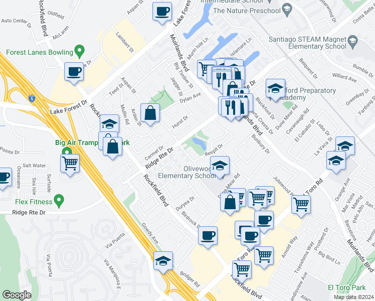 map of restaurants, bars, coffee shops, grocery stores, and more near 23211 Meadowbrook Circle in Lake Forest