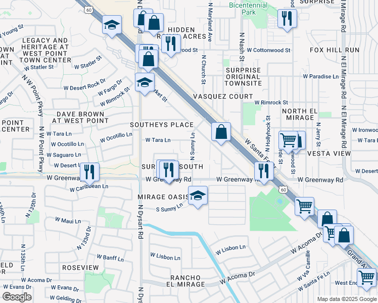 map of restaurants, bars, coffee shops, grocery stores, and more near 15524 North Sunny Lane in Surprise